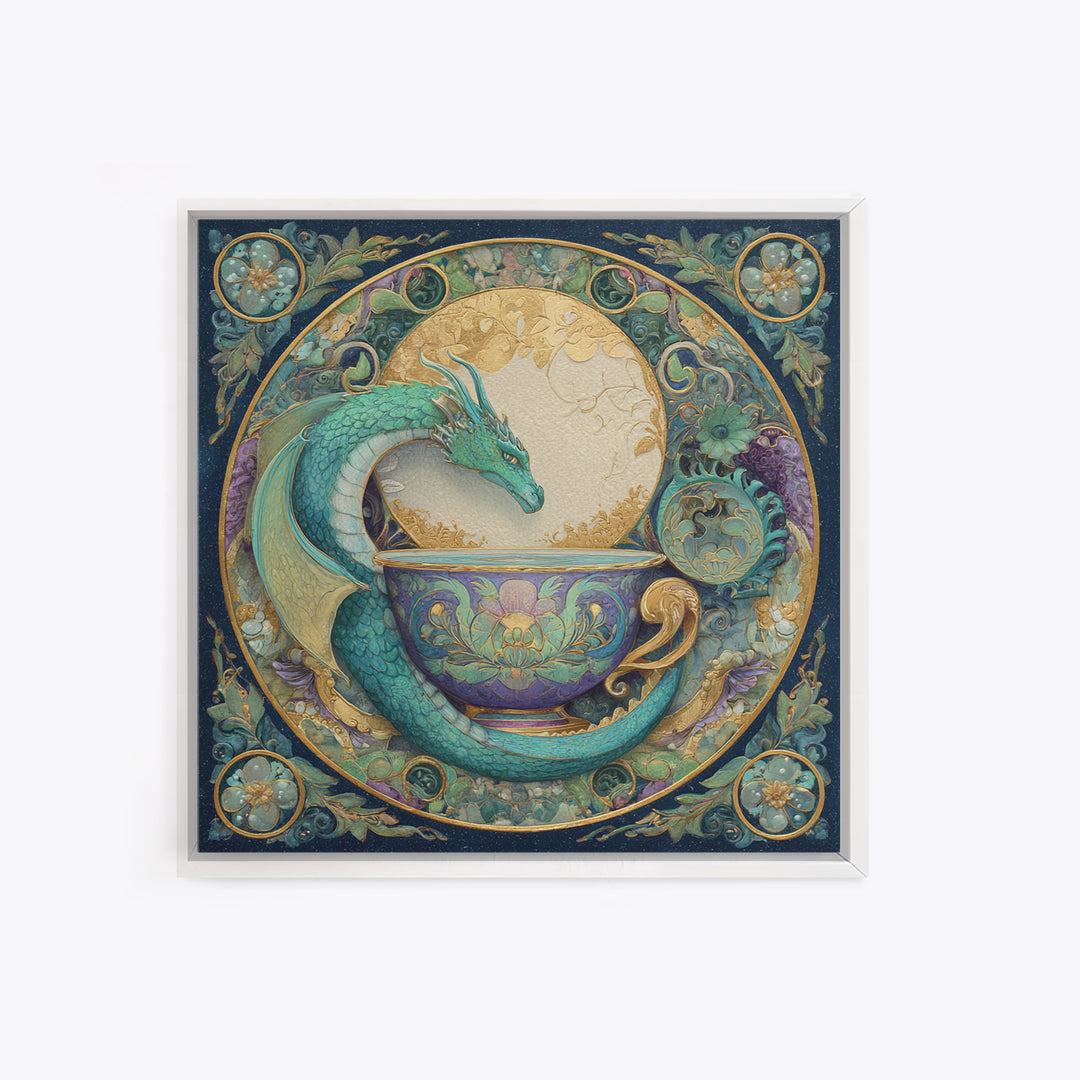 Dragon Curled Around a Teacup Framed Canvas Print, Whimsical Art, Pet Portrait, Living Room Decor, Wonder, Abstract Wall Art, WHI-1x1-96