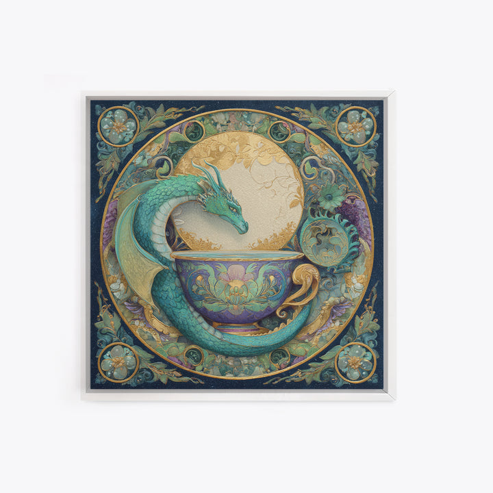 Dragon Curled Around a Teacup Framed Canvas Print, Whimsical Art, Pet Portrait, Living Room Decor, Wonder, Abstract Wall Art, WHI-1x1-96