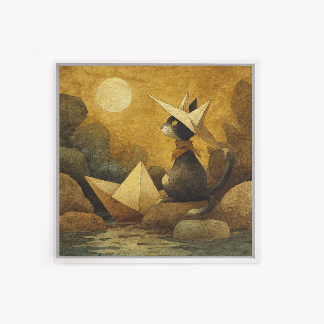 Cat Sailing a Paper Boat Canvas Print, Whimsical Art, Textured Painting, Living Room Decor, Fine Art, Wonder, Nursery Decor, WHI-1x1-98