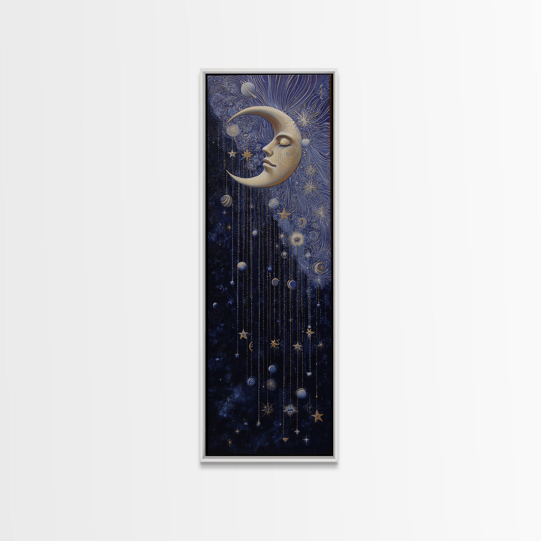 Moon with Sleeping Face and Dangling Stars Canvas Print, Whimsical Art, Nursery Art, Living Room Decor, Fine Art, Wonder, WHI-1x3-100