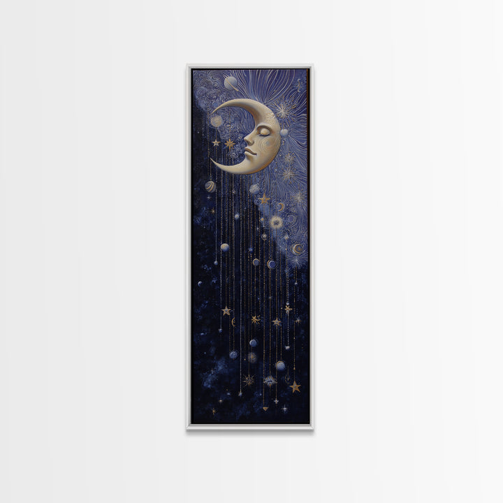 Moon with Sleeping Face and Dangling Stars Canvas Print, Whimsical Art, Nursery Art, Living Room Decor, Fine Art, Wonder, WHI-1x3-100