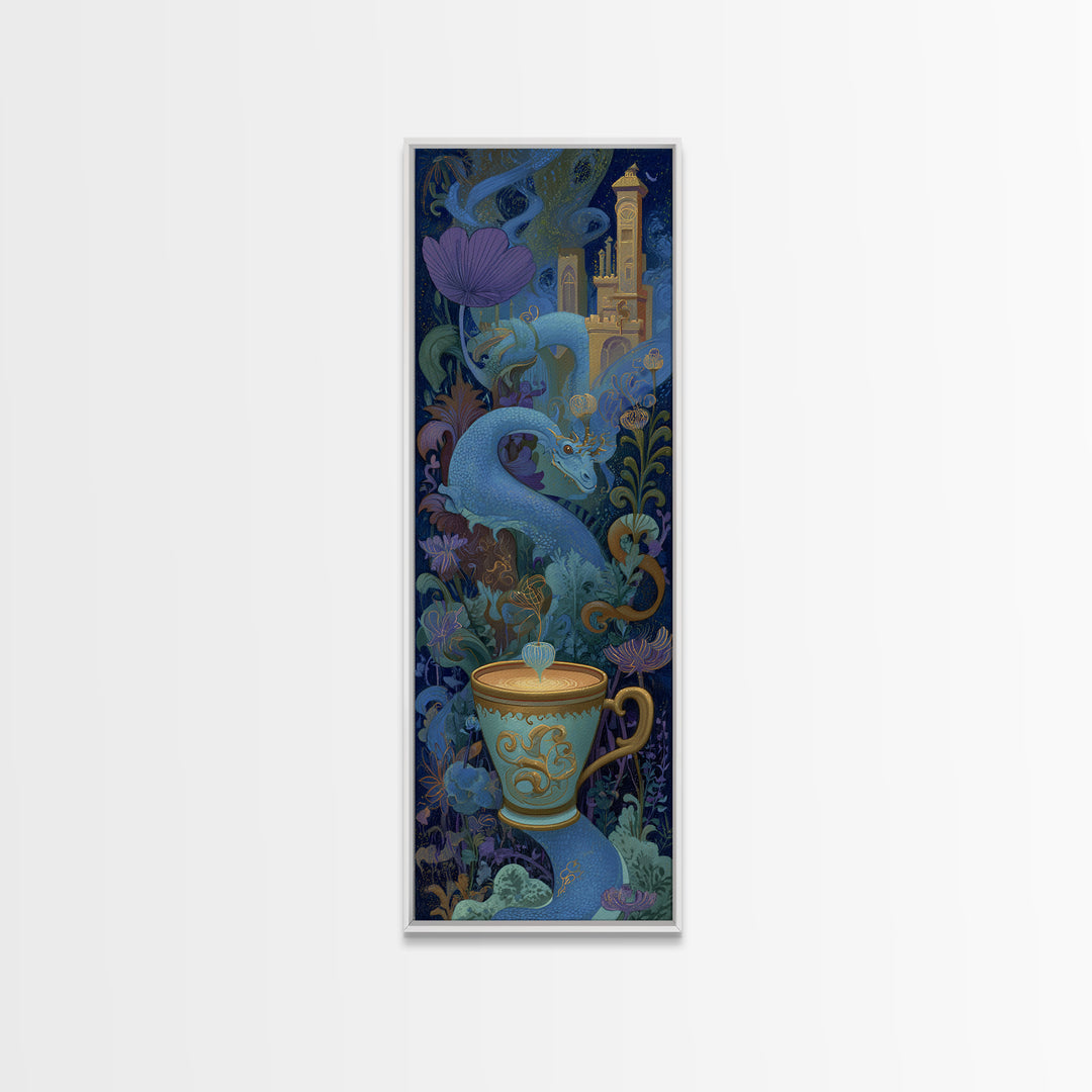 Dragon Curled Around a Teacup Canvas Print, Whimsical Art, Wall Art, Living Room Decor, Oil Painting, Wonder, Framed Wall Art, WHI-1x3-12