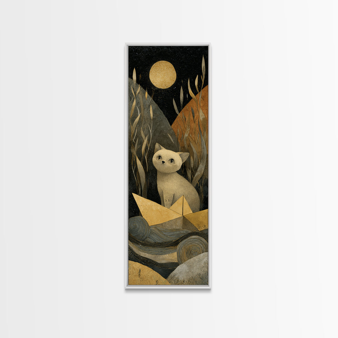 Cat Sailing a Paper Boat Canvas Print, Whimsical Art, Gallery Decor, Living Room Decor, Fine Art, Wonder, Wall Art, Home Decor, WHI-1x3-14