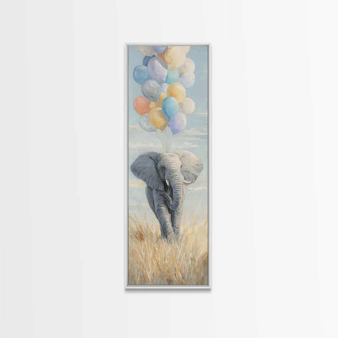 Elephant Holding Balloons Framed Canvas Print, Whimsical Art, Art Nouveau, Living Room Decor, Abstract Art, Wonder, WHI-1x3-15