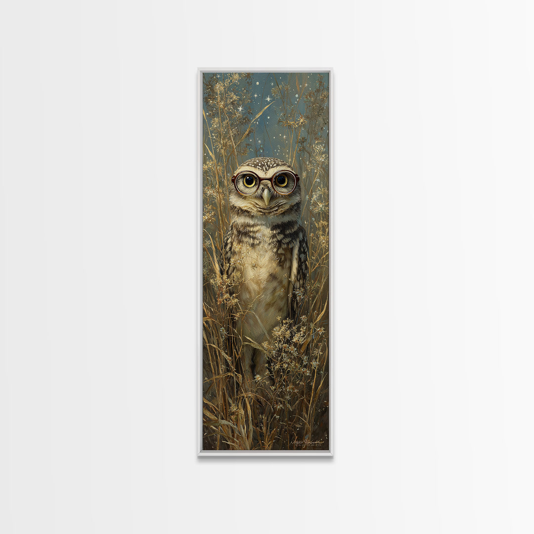 Owl Wearing Spectacles Among Stars Canvas Print, Whimsical Art, Neutral Decor, Living Room Decor, Fine Art, Wonder, Home Decor, WHI-1x3-18