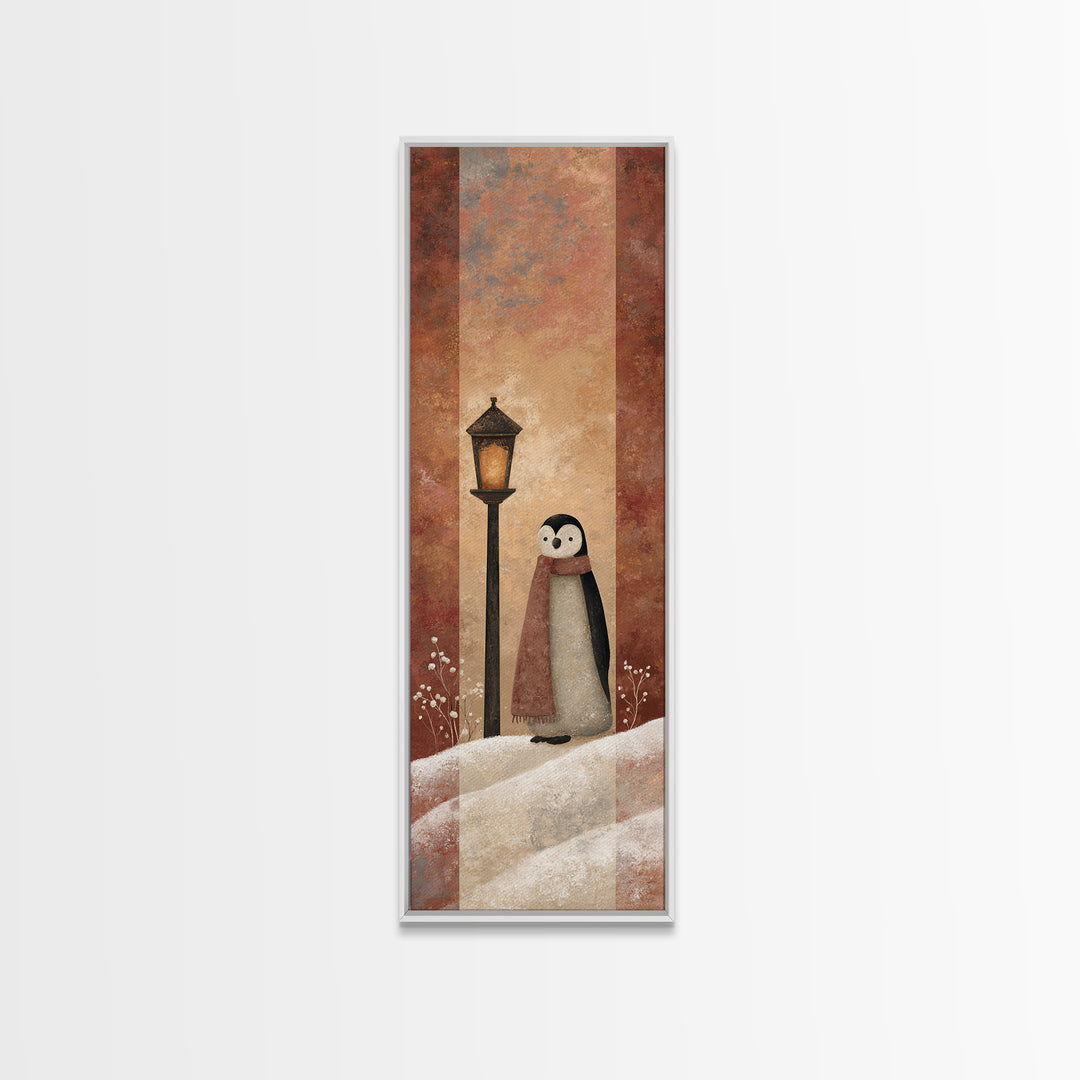 Penguin Holding a Lantern Framed Canvas Print, Whimsical Art, Textured Painting, Living Room Decor, Fine Art, Wonder, WHI-1x3-29