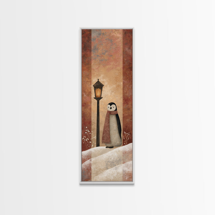 Penguin Holding a Lantern Framed Canvas Print, Whimsical Art, Textured Painting, Living Room Decor, Fine Art, Wonder, WHI-1x3-29