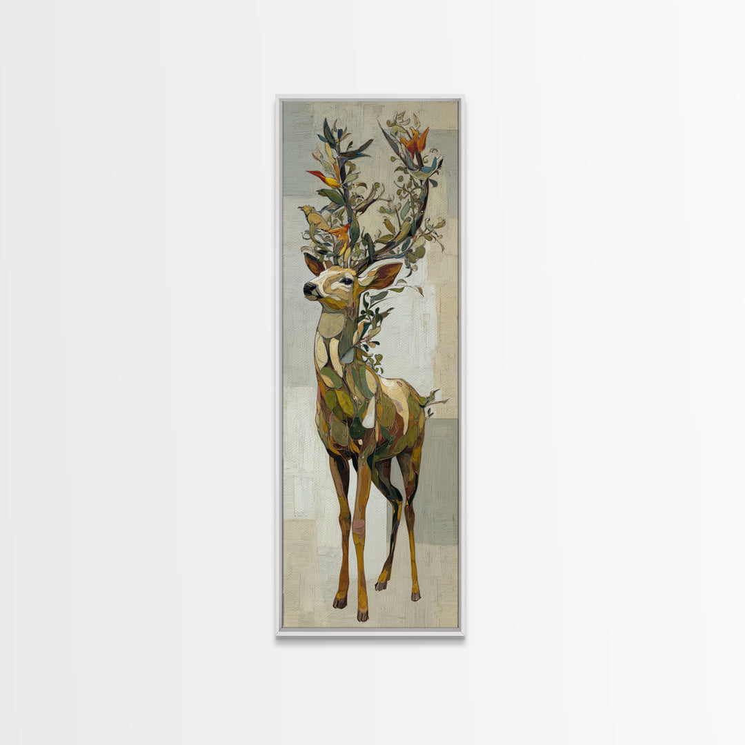 Deer with Antlers Full of Birds Framed Canvas Print, Whimsical Art, Printable Art, Living Room Decor, Watercolor Art, Wonder, WHI-1x3-31