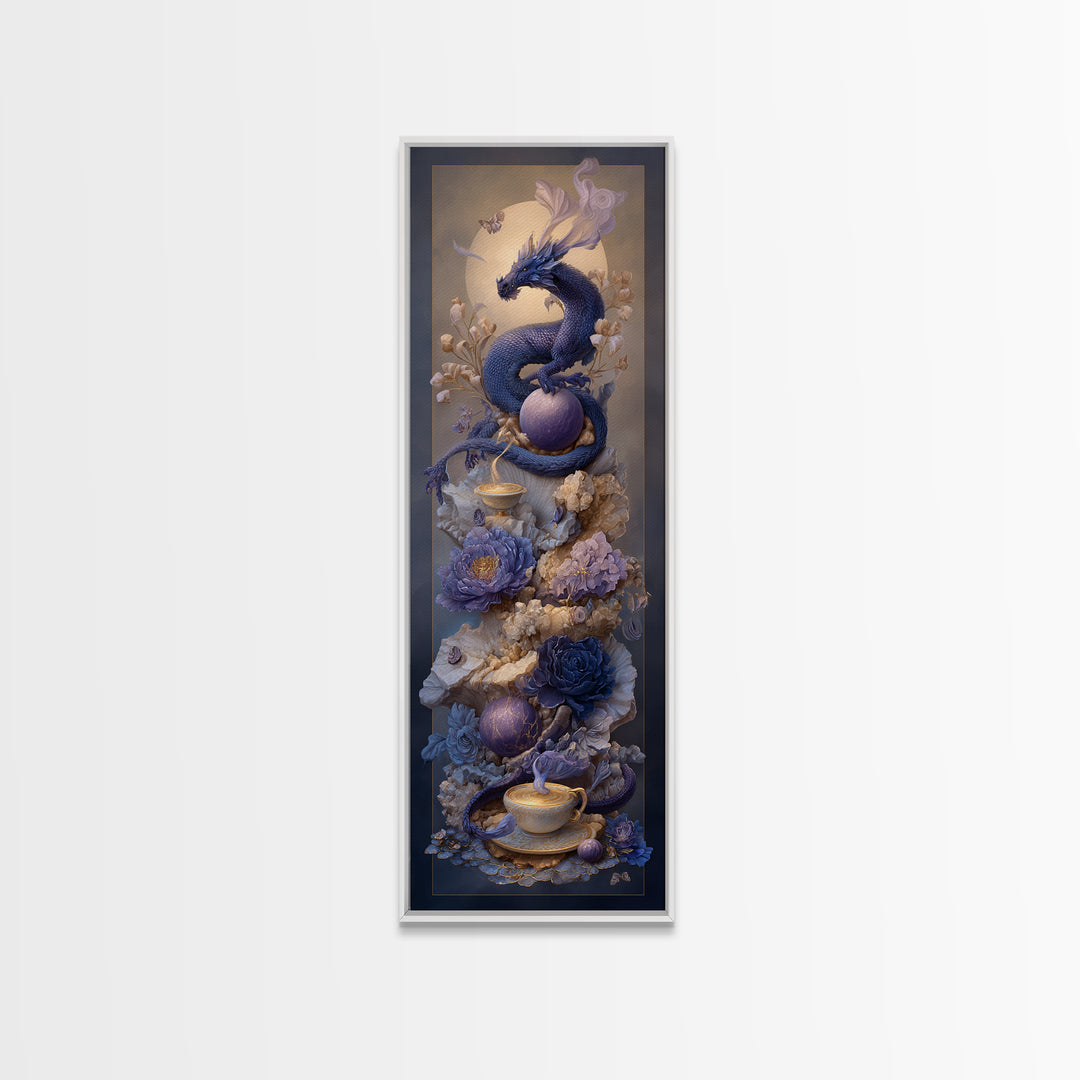 Dragon Curled Around a Teacup Framed Canvas Print, Whimsical Art, Pet Portrait, Living Room Decor, Wonder, Abstract Wall Art, WHI-1x3-36