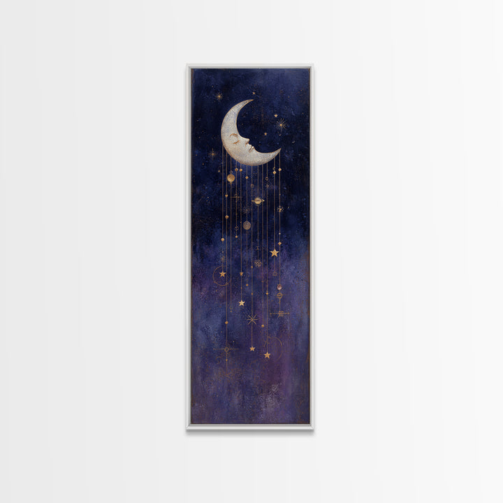 Moon with Sleeping Face and Dangling Stars Framed Canvas Print, Whimsical Art, Minimalist Decor, Living Room Decor, Wonder, WHI-1x3-4
