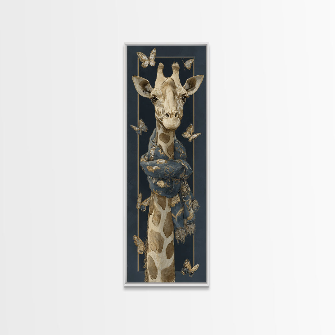 Giraffe with Scarf and Butterflies Framed Canvas Print, Whimsical Art, Modern Decor, Living Room Decor, Fine Art, Wonder, WHI-1x3-46