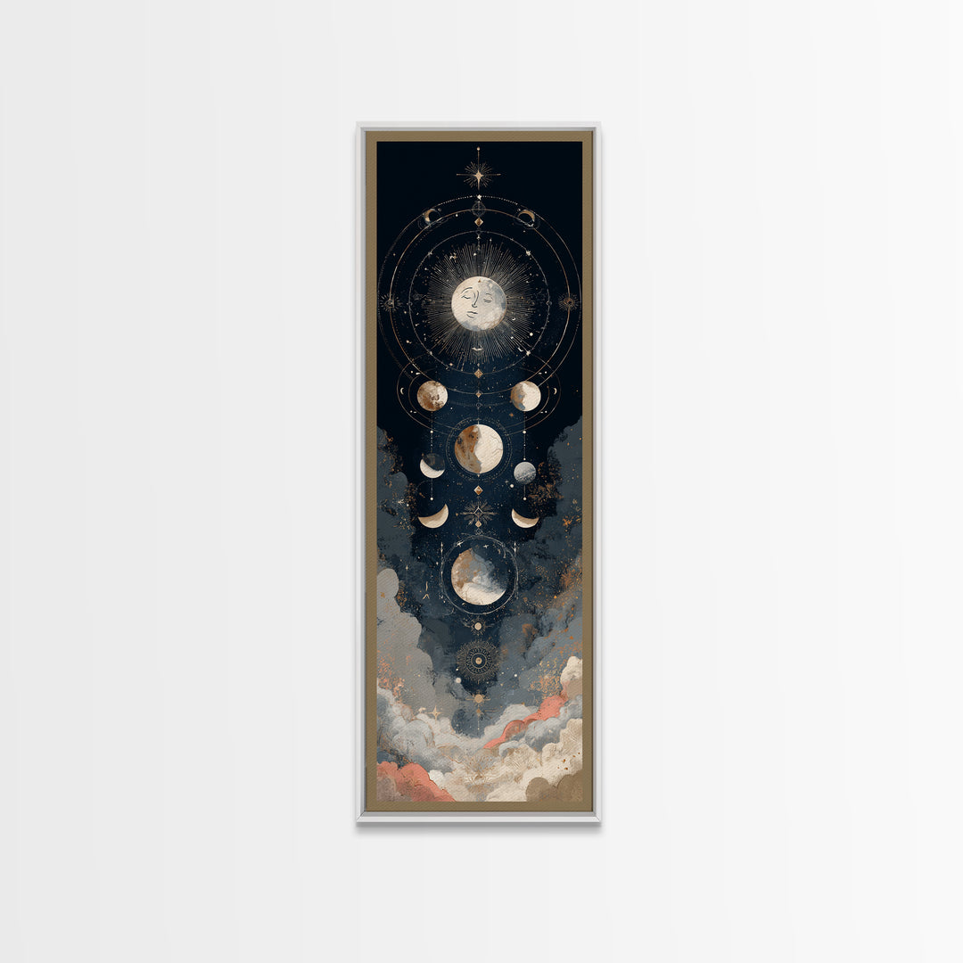 Moon with Sleeping Face and Dangling Stars Framed Canvas Print, Whimsical Art, Original Art, Living Room Decor, Oil Painting, WHI-1x3-52
