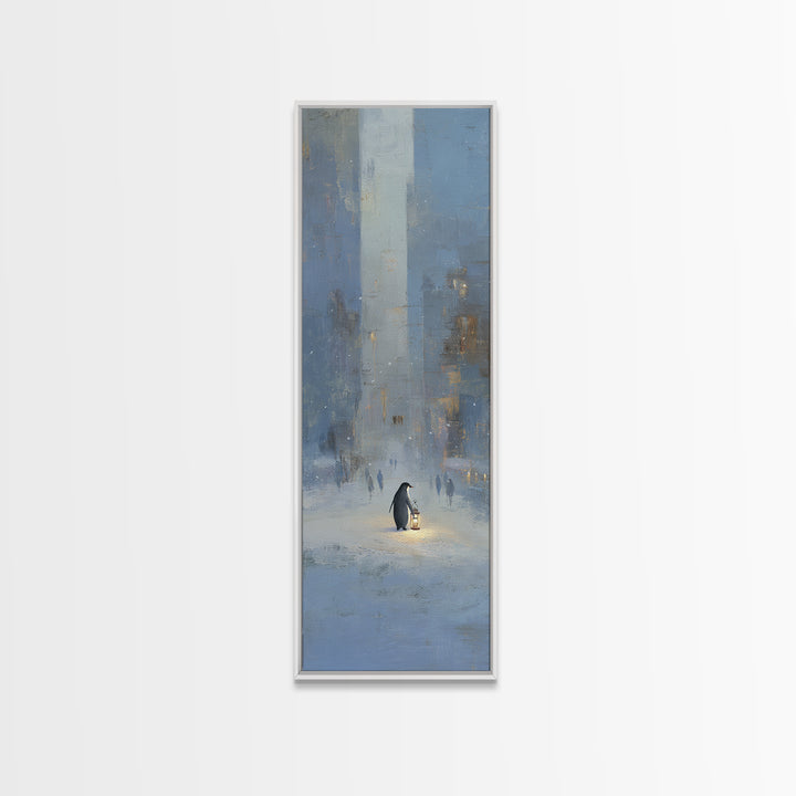 Penguin Holding a Lantern Framed Canvas Print, Whimsical Art, Textured Painting, Living Room Decor, Fine Art, Wonder, WHI-1x3-53