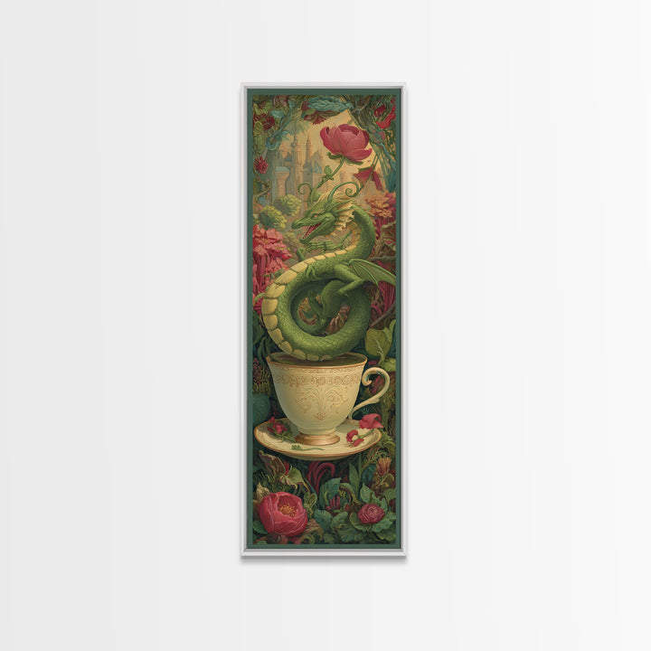 Dragon Curled Around a Teacup Canvas Print, Whimsical Art, Art Nouveau, Living Room Decor, Abstract Art, Wonder, WHI-1x3-60