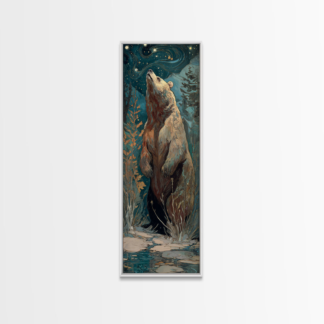 Bear Painting Stars Onto the Night Sky Framed Canvas Print, Whimsical Art, Wall Art, Living Room Decor, Oil Painting, Wonder, WHI-1x3-69