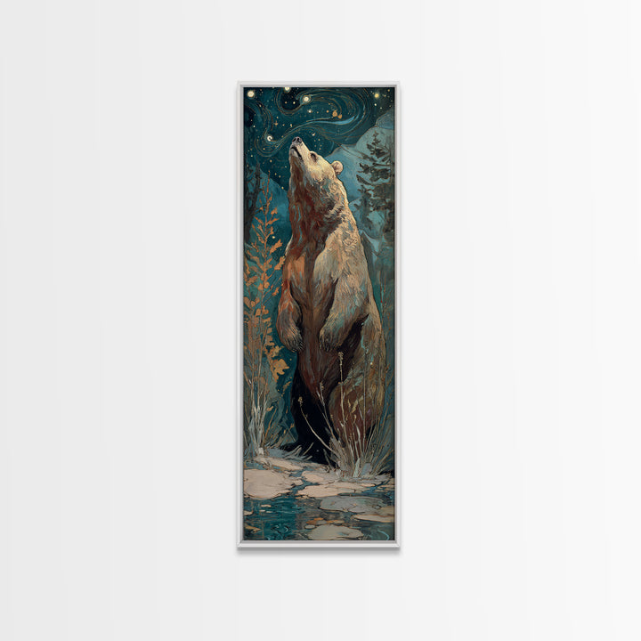 Bear Painting Stars Onto the Night Sky Framed Canvas Print, Whimsical Art, Wall Art, Living Room Decor, Oil Painting, Wonder, WHI-1x3-69