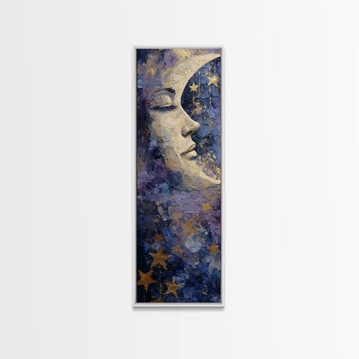 Moon with Sleeping Face and Dangling Stars Framed Canvas Print, Whimsical Art, Dopamine Decor, Living Room Decor, Wonder, WHI-1x3-76