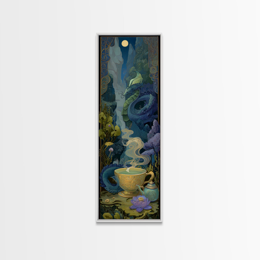 Dragon Curled Around a Teacup Framed Canvas Print, Whimsical Art, Nursery, Living Room Decor, Fine Art, Wonder, Watercolor Art, WHI-1x3-84