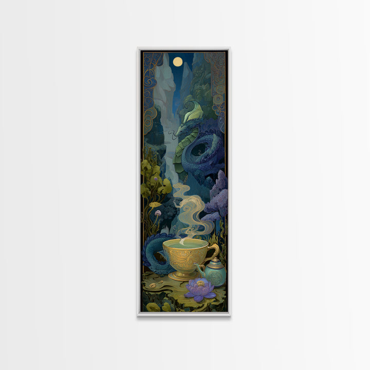 Dragon Curled Around a Teacup Framed Canvas Print, Whimsical Art, Nursery, Living Room Decor, Fine Art, Wonder, Watercolor Art, WHI-1x3-84