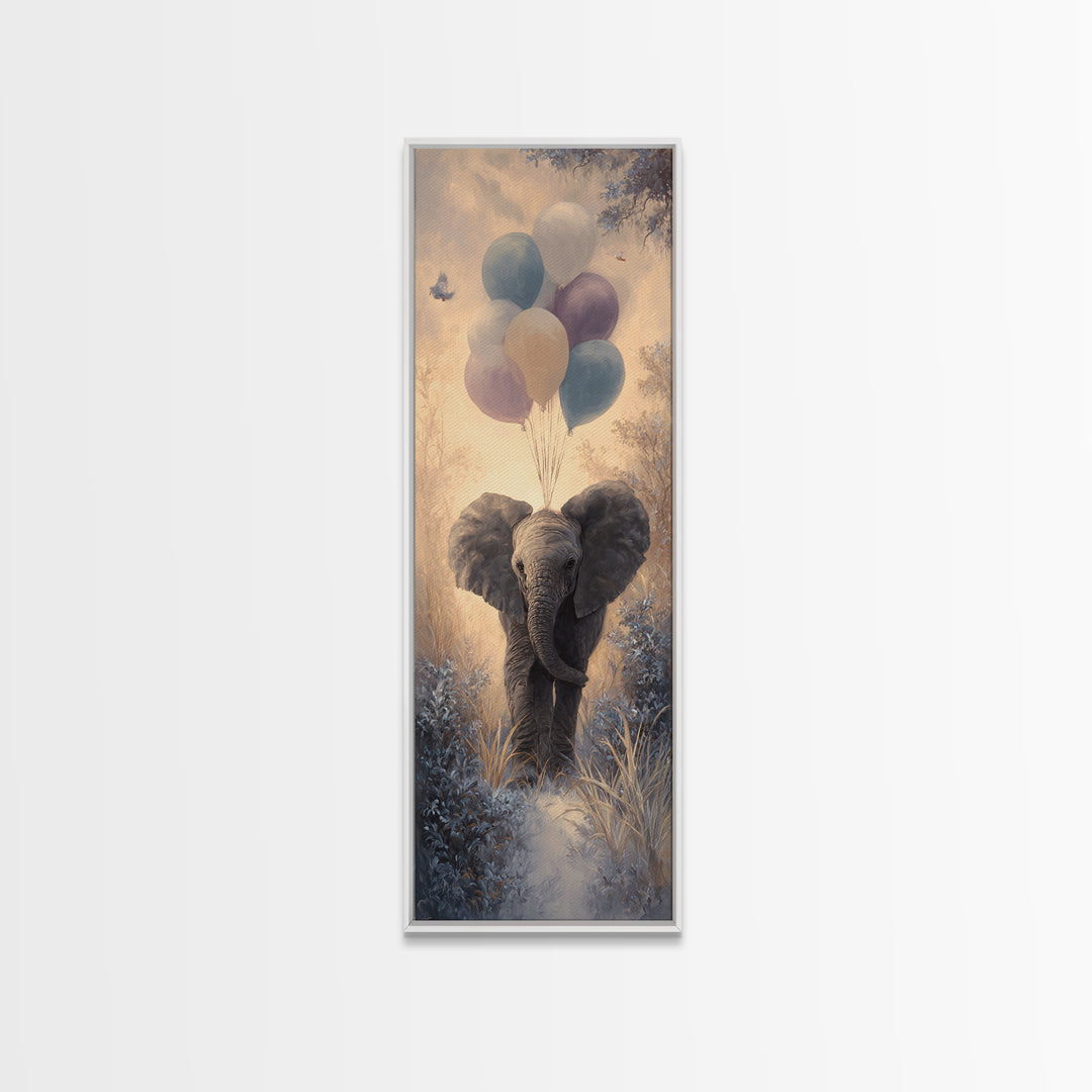Elephant Holding Balloons Framed Canvas Print, Whimsical Art, Statement Artwork, Living Room Decor, Fine Art, Wonder, WHI-1x3-87