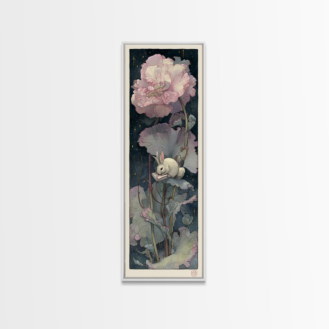 Rabbit Reading Beneath a Giant Flower Canvas Print, Whimsical Art, Cat Art, Living Room Decor, Watercolor Art, Wonder, WHI-1x3-89