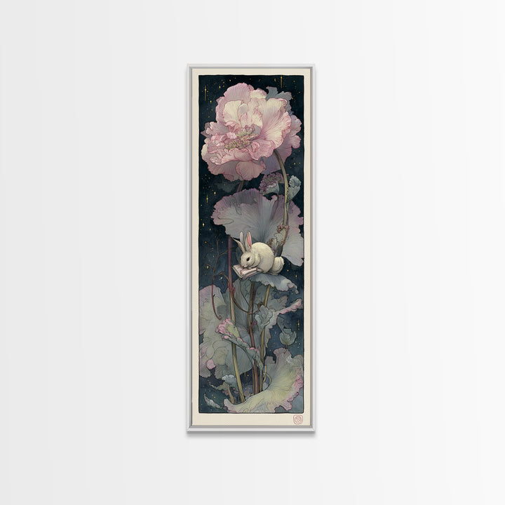Rabbit Reading Beneath a Giant Flower Canvas Print, Whimsical Art, Cat Art, Living Room Decor, Watercolor Art, Wonder, WHI-1x3-89