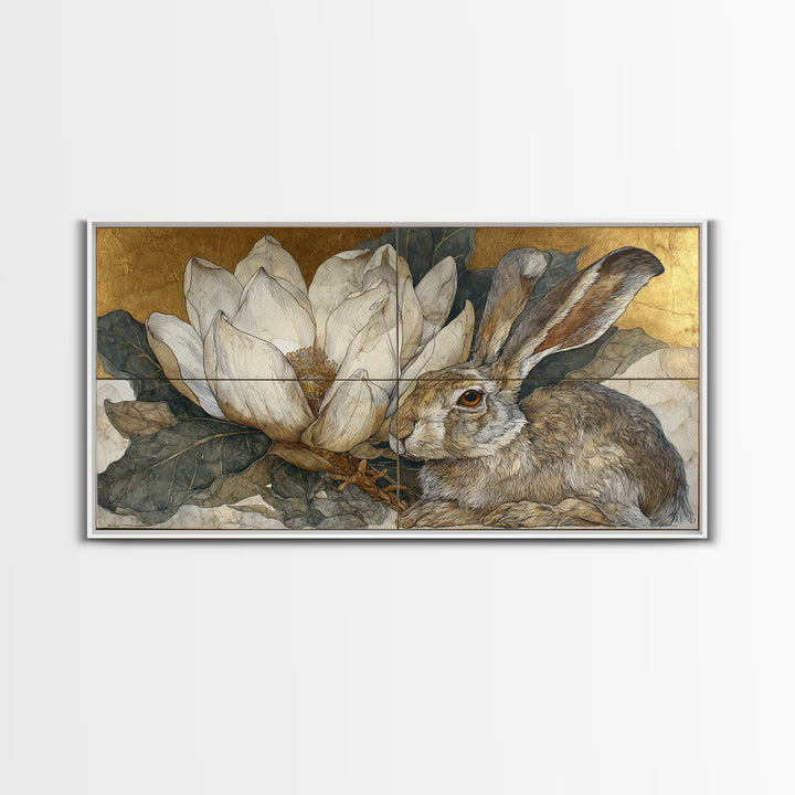 Rabbit Reading Beneath a Giant Flower Framed Canvas Print, Whimsical Art, Oil Painting, Living Room Decor, Wonder, WHI-2x1-1