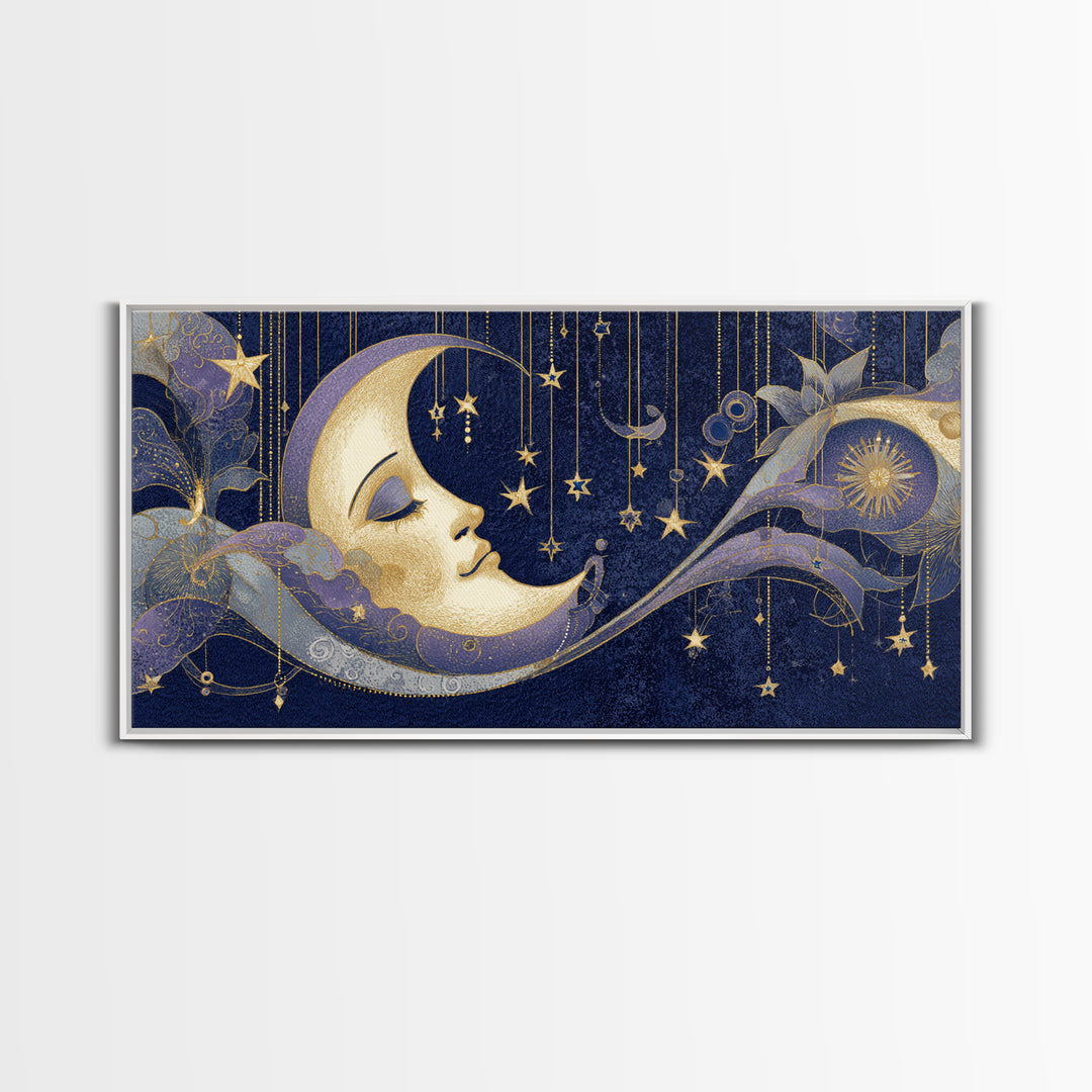 Moon with Sleeping Face and Dangling Stars Framed Canvas Print, Whimsical Art, Room Decor, Living Room Decor, Oil Painting, WHI-2x1-12