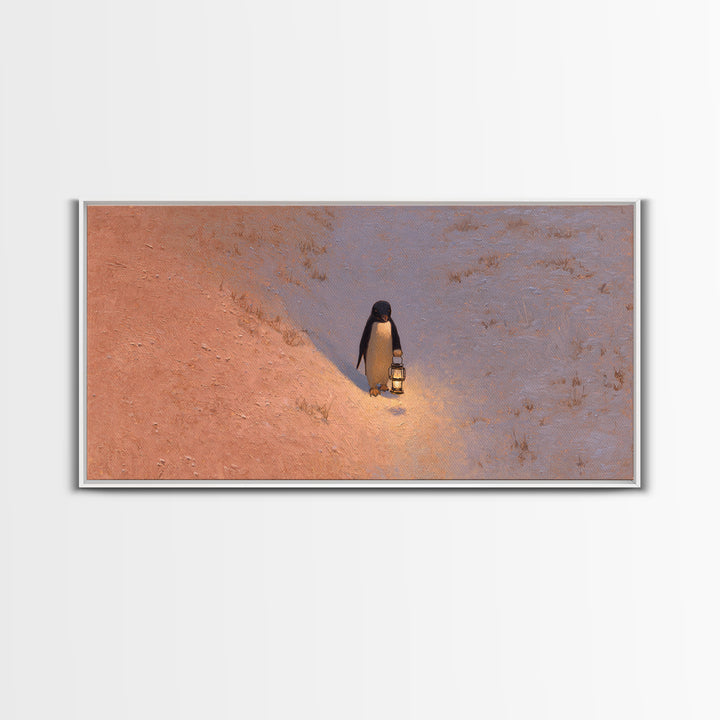 Penguin Holding a Lantern Framed Canvas Print, Whimsical Art, Digital Art, Living Room Decor, Fine Art, Wonder, Nursery, WHI-2x1-13