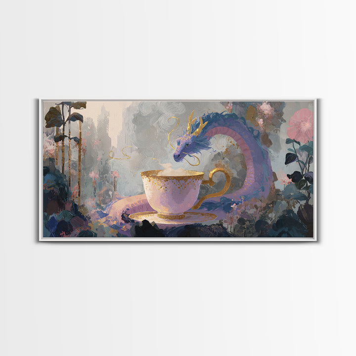 Dragon Curled Around a Teacup Framed Canvas Print, Whimsical Art, Statement Artwork, Living Room Decor, Fine Art, Wonder, WHI-2x1-20