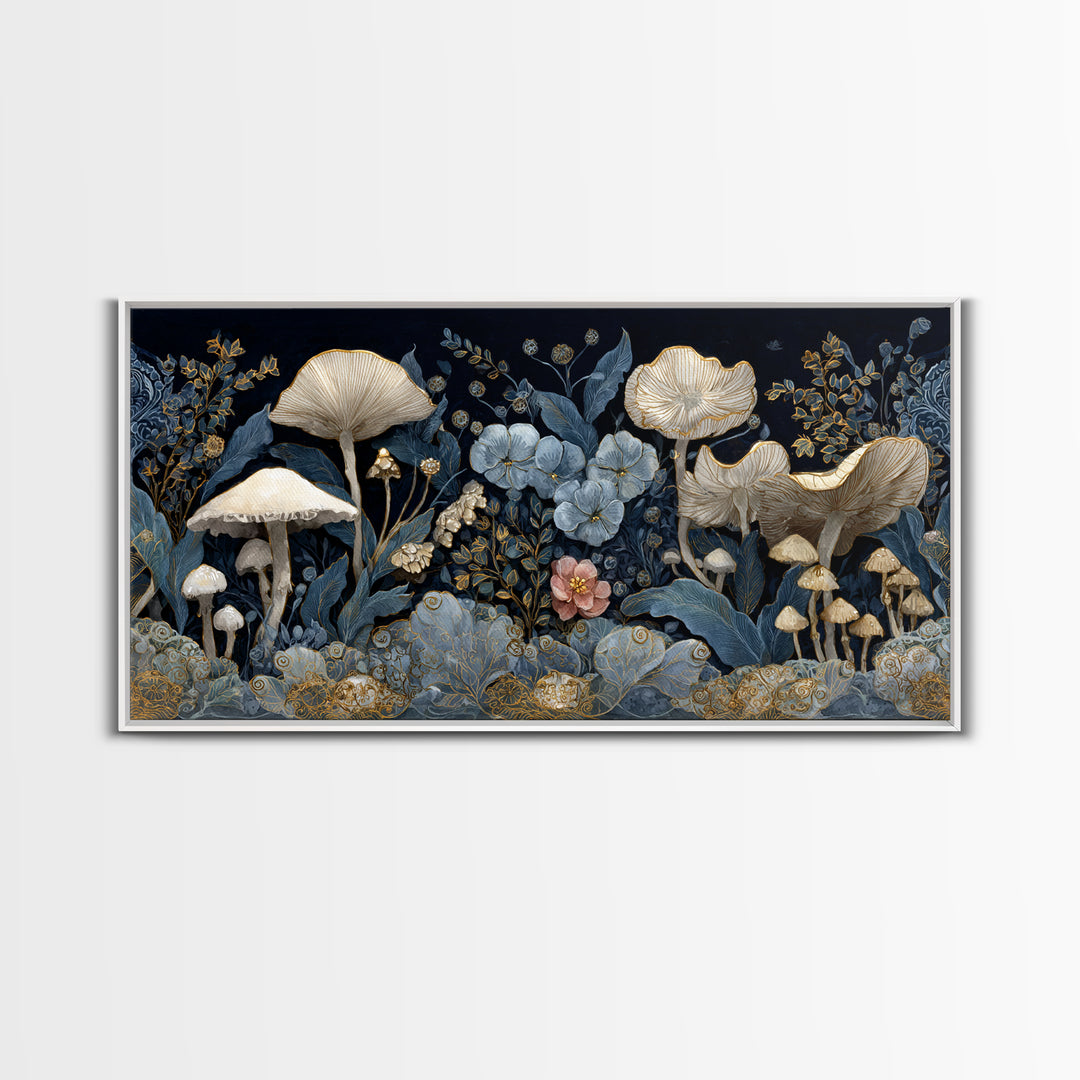 Teacup Garden with Tiny Mushrooms Framed Canvas Print, Whimsical Art, Minimalist Decor, Living Room Decor, Oil Painting, Wonder, WHI-2x1-24