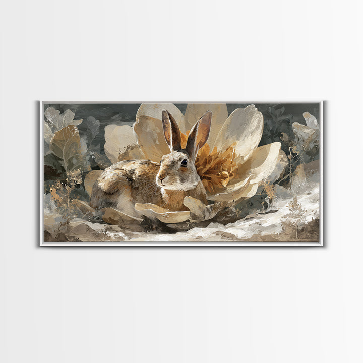Rabbit Reading Beneath a Giant Flower Framed Canvas Print, Whimsical Art, Oil Painting, Living Room Decor, Wonder, WHI-2x1-25