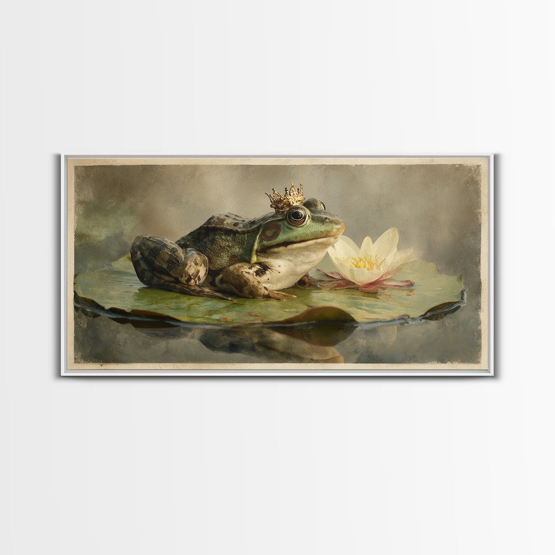Frog Prince on a Lily Pad Framed Canvas Print, Whimsical Art, Contemporary Art, Living Room Decor, Wonder, Art Nouveau, WHI-2x1-28