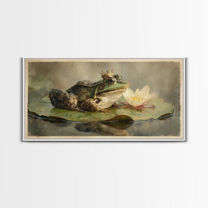 Frog Prince on a Lily Pad Framed Canvas Print, Whimsical Art, Contemporary Art, Living Room Decor, Wonder, Art Nouveau, WHI-2x1-28