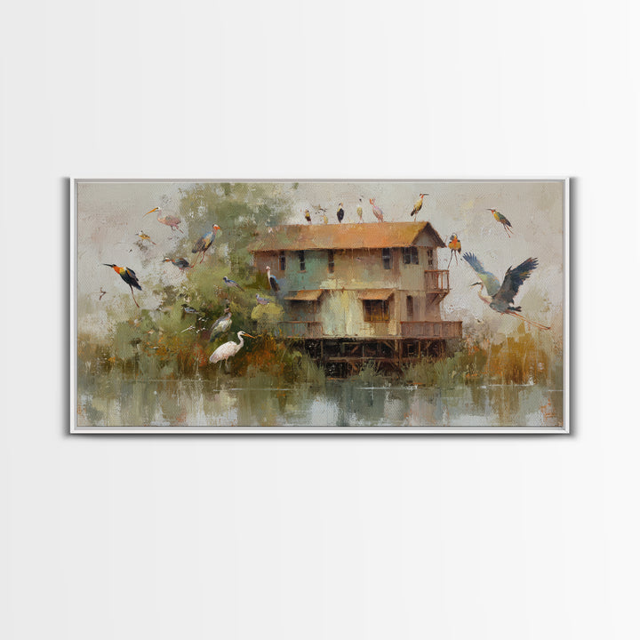 Floating House Carried by Colorful Birds Framed Canvas Print, Whimsical Art, Framed Wall Art, Living Room Decor, Wonder, WHI-2x1-3