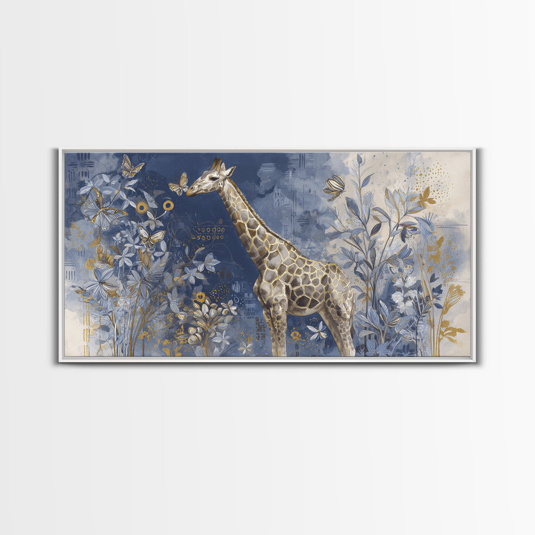 Giraffe with Scarf and Butterflies Framed Canvas Print, Whimsical Art, Minimalist Decor, Living Room Decor, Fine Art, Wonder, WHI-2x1-30