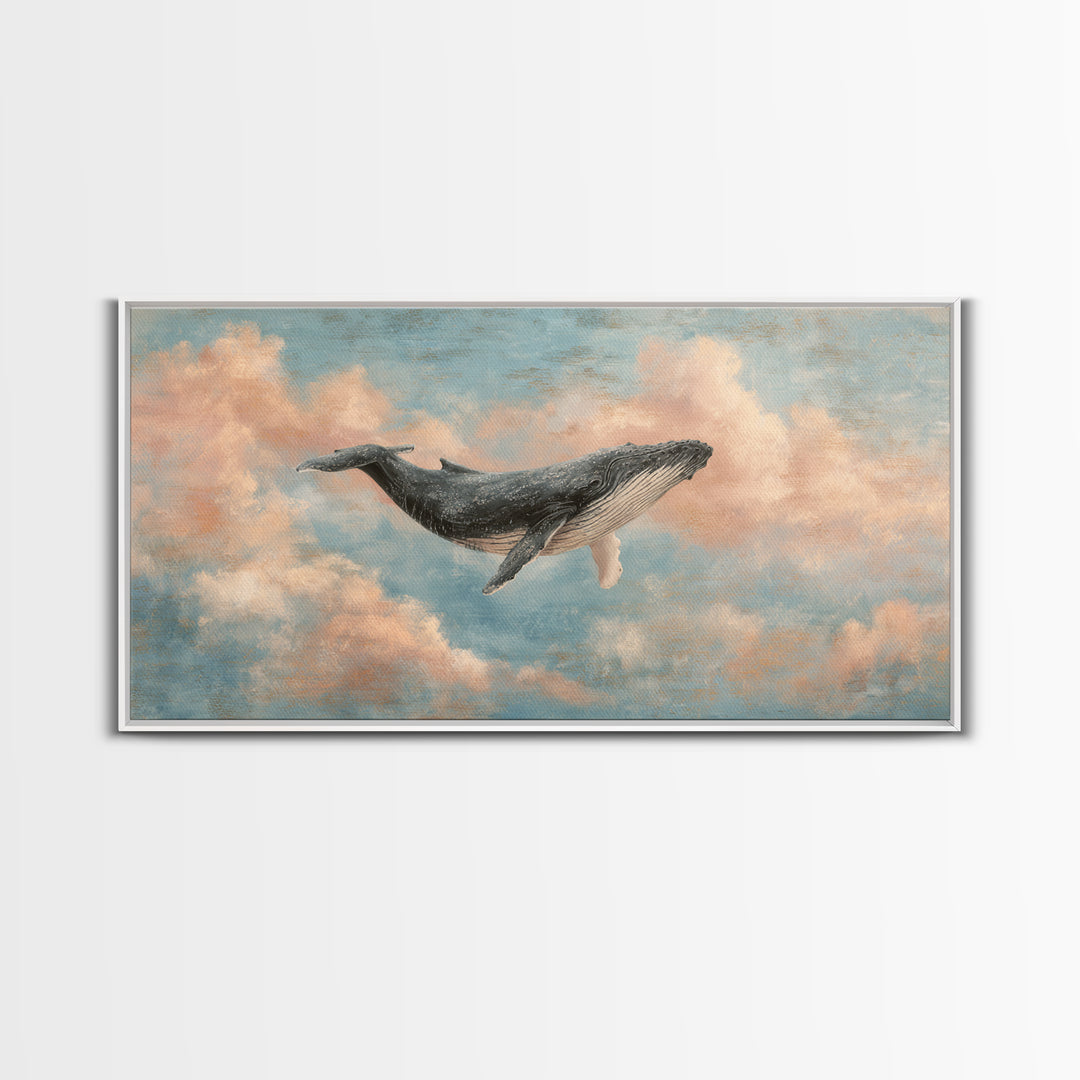 Whale Flying Through Clouds Like Ocean Framed Canvas Print, Whimsical Art, Art Print, Living Room Decor, Fine Art, Wonder, WHI-2x1-33