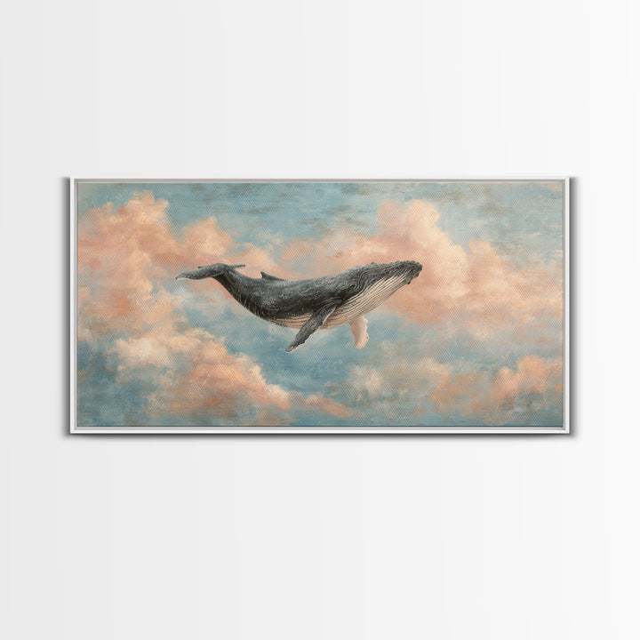 Whale Flying Through Clouds Like Ocean Framed Canvas Print, Whimsical Art, Art Print, Living Room Decor, Fine Art, Wonder, WHI-2x1-33