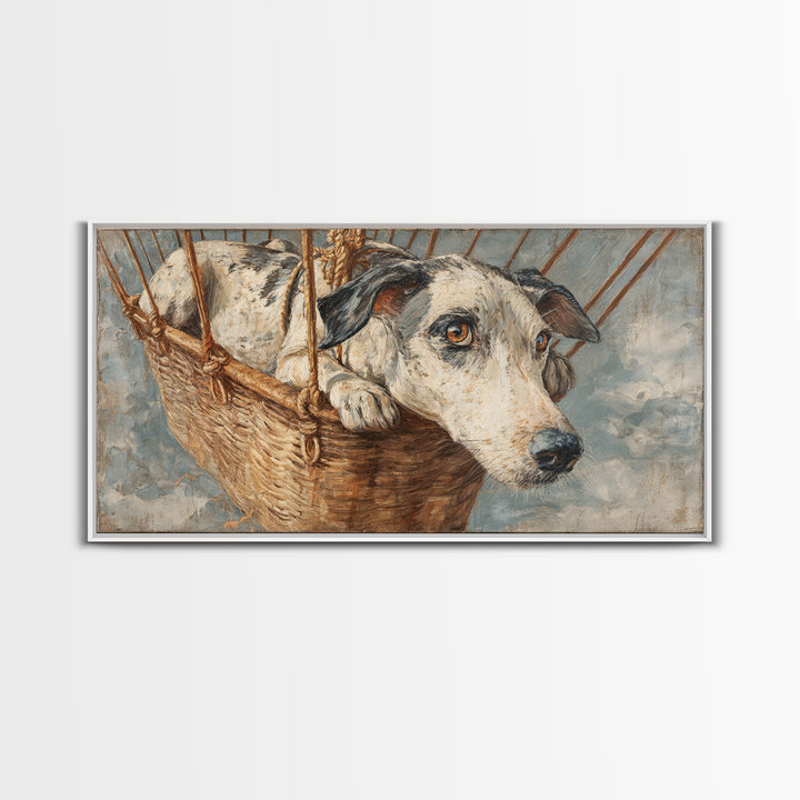 Dog in a Hot Air Balloon Framed Canvas Print, Whimsical Art, Contemporary Art, Living Room Decor, Fine Art, Wonder, Art Nouveau, WHI-2x1-34