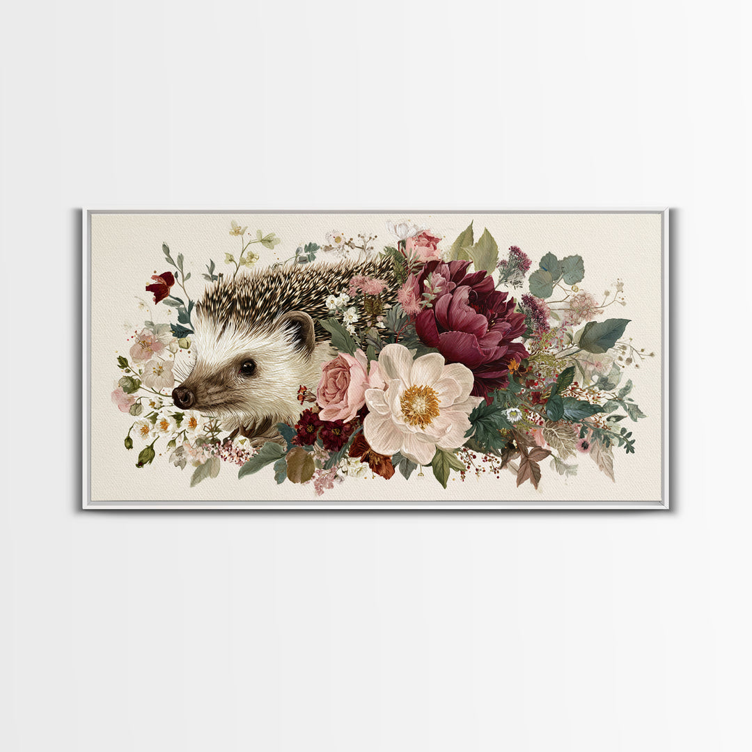 Hedgehog Carrying Wildflowers Framed Canvas Print, Whimsical Art, Wall Art, Living Room Decor, Watercolor Art, Wonder, WHI-2x1-35