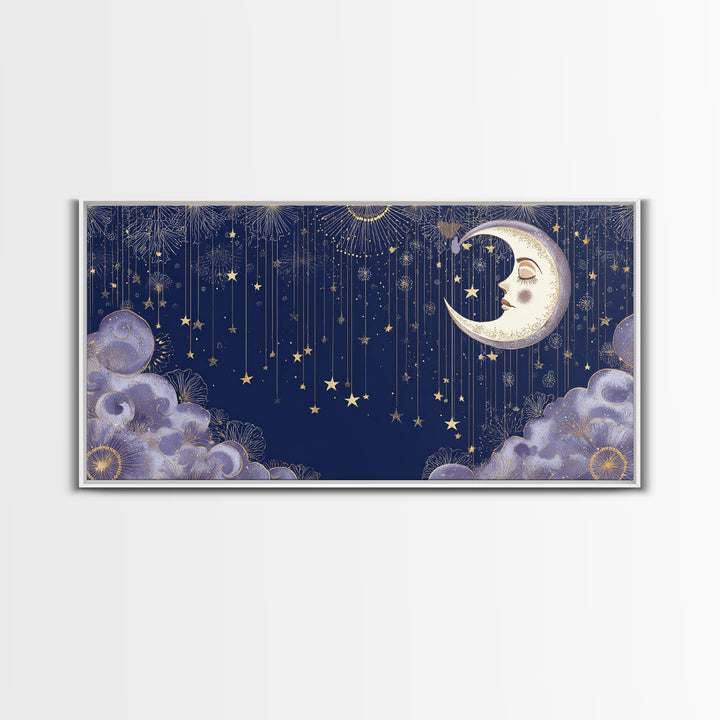 Moon with Sleeping Face and Dangling Stars Canvas Print, Whimsical Art, Home Decor, Living Room Decor, Fine Art, Wonder, WHI-2x1-36