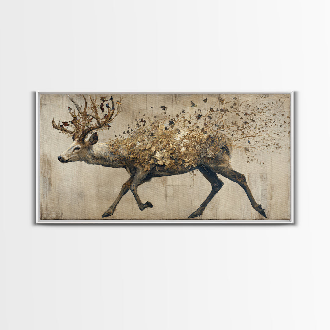 Deer with Antlers Full of Birds Canvas Print, Whimsical Art, Printable Wall Art, Living Room Decor, Oil Painting, Wonder, WHI-2x1-39