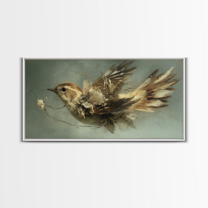 Bird Delivering a Tiny Love Letter Framed Canvas Print, Whimsical Art, Oil Painting, Living Room Decor, Fine Art, Wonder, WHI-2x1-43