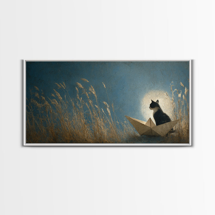 Cat Sailing a Paper Boat Framed Canvas Print, Whimsical Art, Wall Decor, Living Room Decor, Fine Art, Wonder, Printable Art, WHI-2x1-46