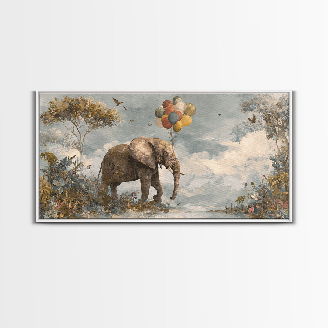 Elephant Holding Balloons Canvas Print, Whimsical Art, Whimsical, Living Room Decor, Oil Painting, Wonder, Nursery Art, WHI-2x1-47