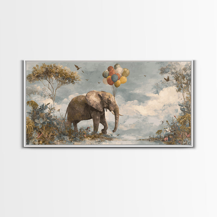 Elephant Holding Balloons Canvas Print, Whimsical Art, Whimsical, Living Room Decor, Oil Painting, Wonder, Nursery Art, WHI-2x1-47
