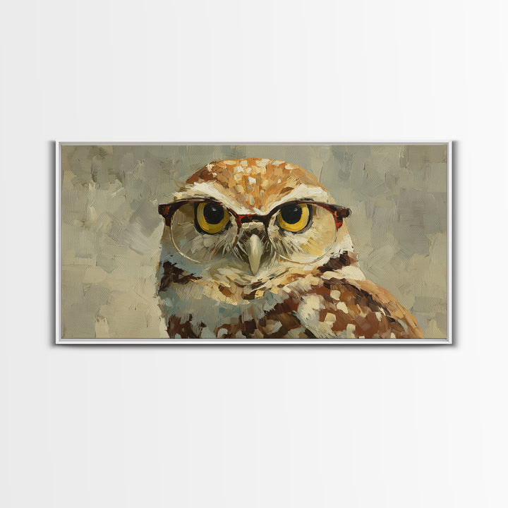 Owl Wearing Spectacles Among Stars Framed Canvas Print, Whimsical Art, Prints, Living Room Decor, Wonder, Printable Art, WHI-2x1-50