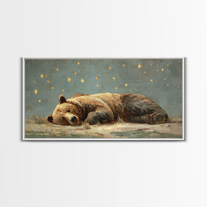 Bear Painting Stars Onto the Night Sky Canvas Print, Whimsical Art, Whimsical, Living Room Decor, Oil Painting, Wonder, WHI-2x1-53