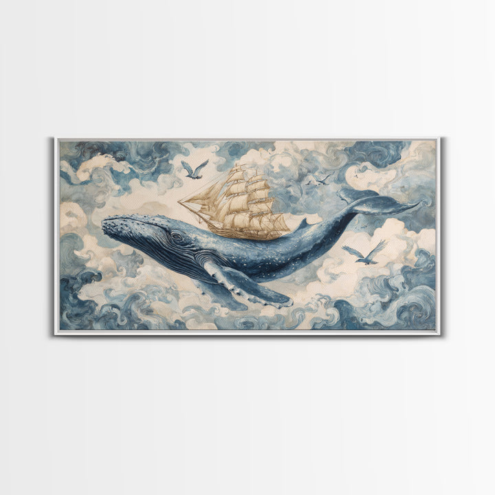 Whale Flying Through Clouds Like Ocean Canvas Print, Whimsical Art, Original Art, Living Room Decor, Fine Art, Wonder, WHI-2x1-57