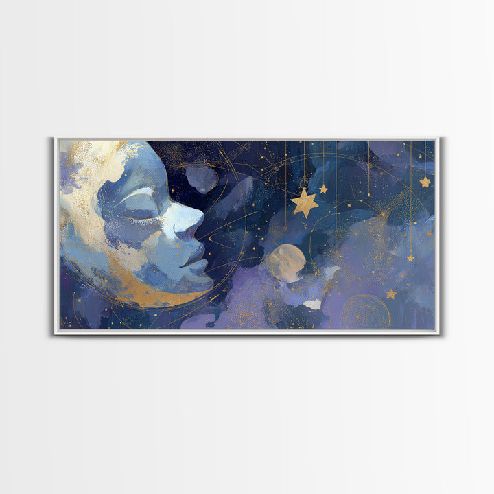 Moon with Sleeping Face and Dangling Stars Framed Canvas Print, Whimsical Art, Printable Wall Art, Living Room Decor, Wonder, WHI-2x1-60